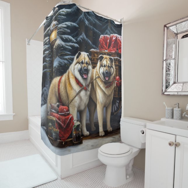 American Akita Snowy Sleigh Ride Christmas Decor Shower Curtain (In Situ)