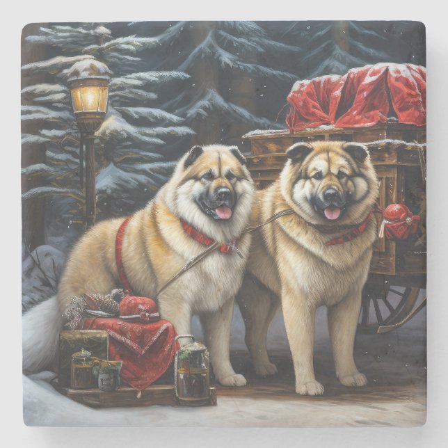 American Akita Snowy Sleigh Ride Christmas Decor Stone Coaster (Front)