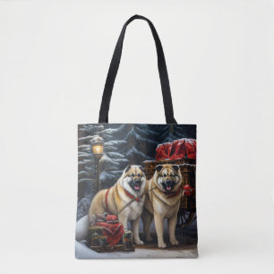 American Akita Snowy Sleigh Ride Christmas Decor Tote Bag