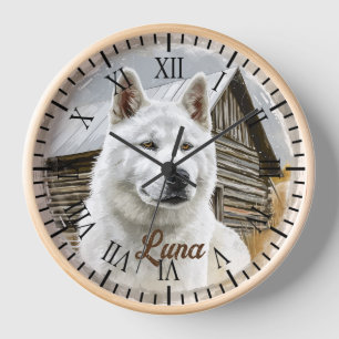 American Akita White Dog Rustic Farm Portrait Clock