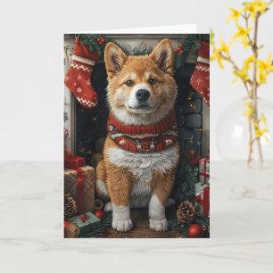 American Akita With Christmas Gifts Fireplace Card