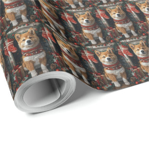 American Akita With Christmas Gifts Fireplace Wrapping Paper