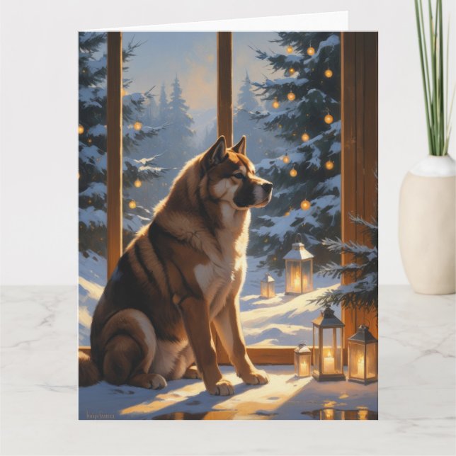 American Akita With Christmas Lights Holiday Card (Front)