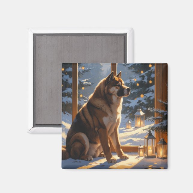 American Akita With Christmas Lights Holiday Magnet (Front/Back)