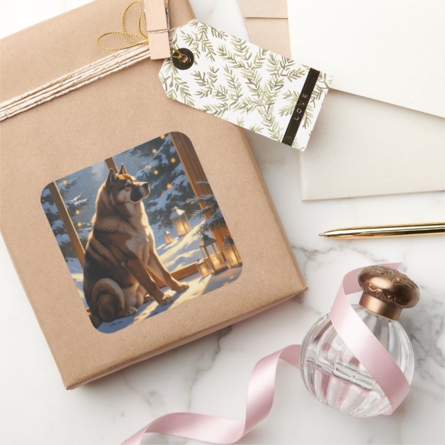 American Akita With Christmas Lights Holiday Square Sticker (Gifting)