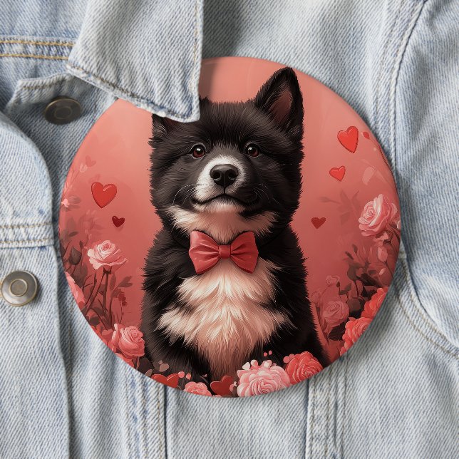 American Akita with Roses - Valentine's Day 6 Cm Round Badge (In Situ)
