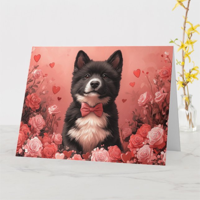 American Akita with Roses - Valentine's Day Card (Yellow Flower)