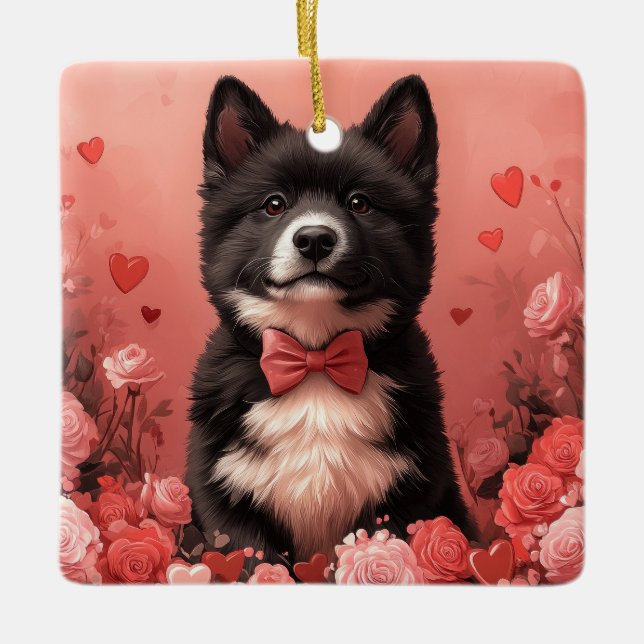 American Akita with Roses - Valentine's Day Ceramic Ornament (Front)