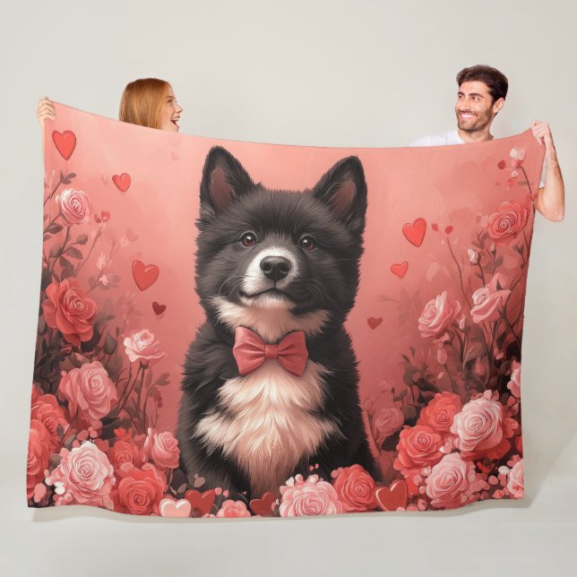 American Akita with Roses - Valentine's Day Fleece Blanket (In Situ)