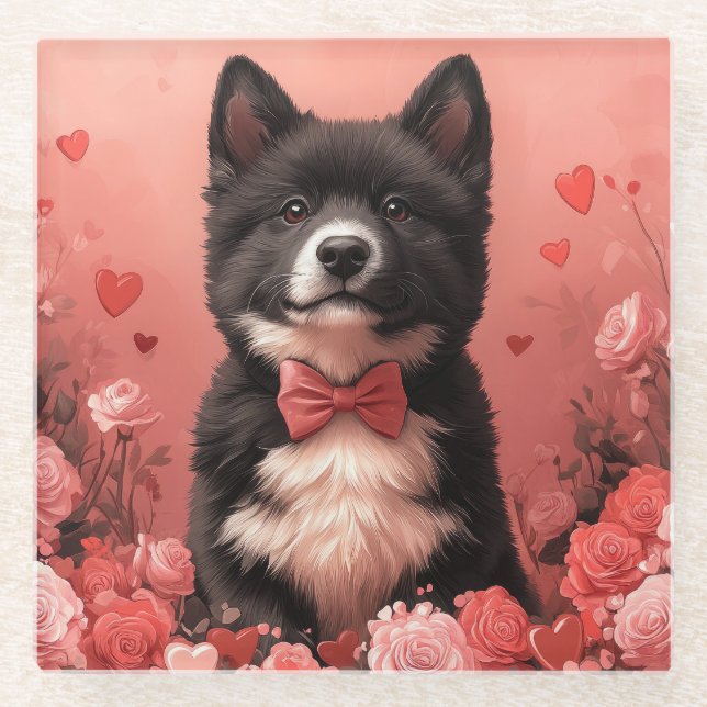 American Akita with Roses - Valentine's Day Glass Coaster (Front)