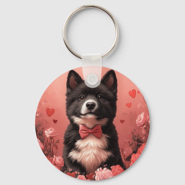 American Akita with Roses - Valentine's Day Key Ring (Front)