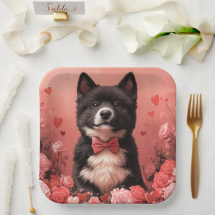 American Akita with Roses - Valentine's Day Paper Plate