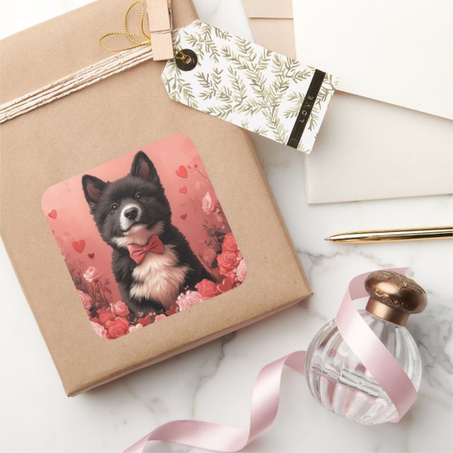 American Akita with Roses - Valentine's Day Square Sticker (Gifting)