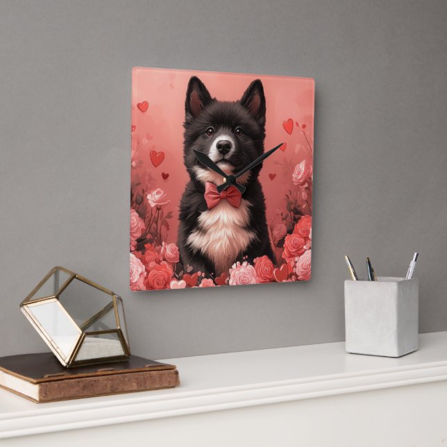 American Akita with Roses - Valentine's Day Square Wall Clock (Office)