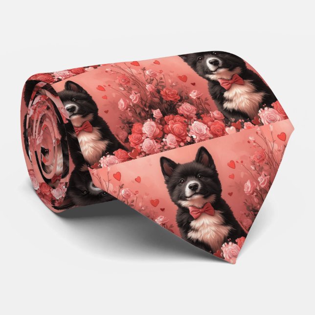 American Akita with Roses - Valentine's Day Tie (Rolled)