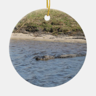 American Alligator Swimming in a Marsh River Ceramic Tree Decoration