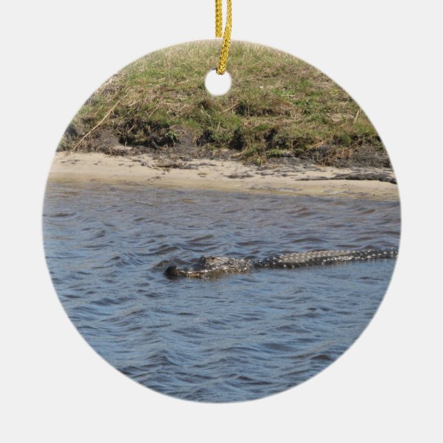 American Alligator Swimming in a Marsh River | Ceramic Tree Decoration (Front)