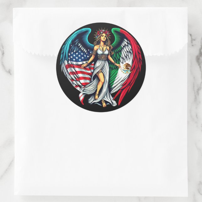 American and Mexico Flag Angel woMan Patriotic Art Classic Round Sticker (Bag)