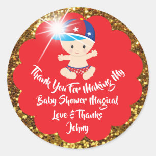 American Baby Shower Favour Thank Red Glitter Gold Classic Round Sticker