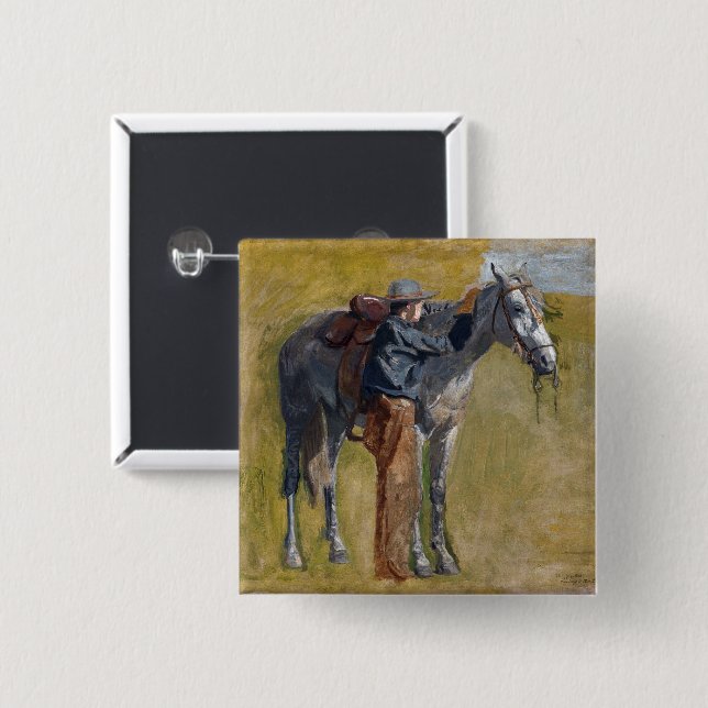 American Badlands: Old West Cowboy with Horse 15 Cm Square Badge (Front & Back)