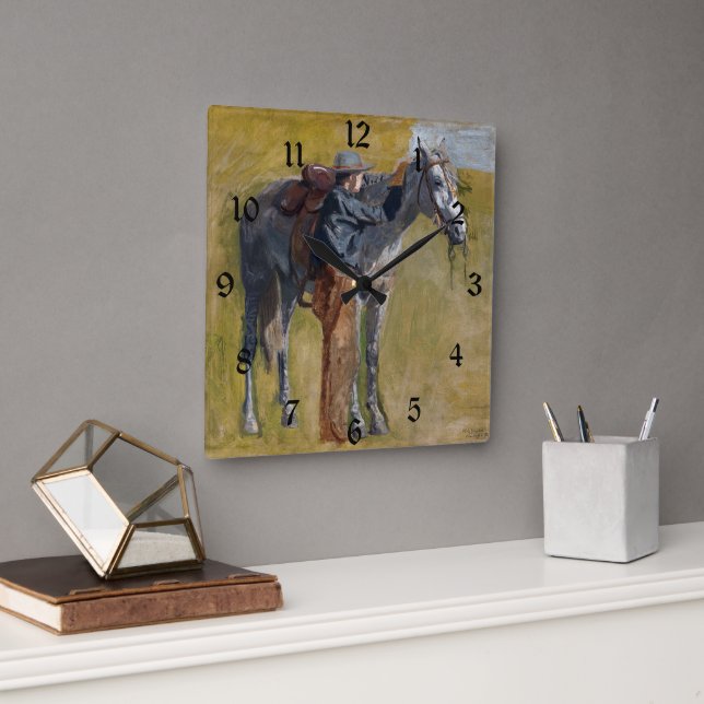 American Badlands: Old West Cowboy with Horse Square Wall Clock (Office)