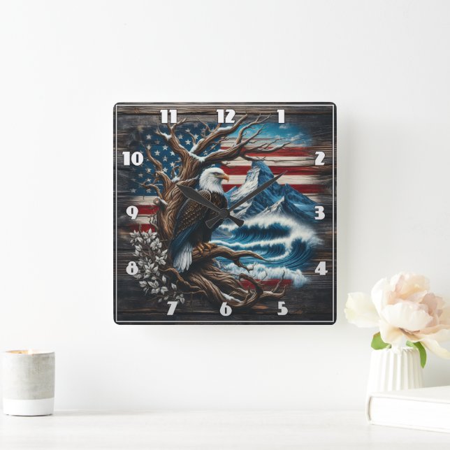 American Bald Eagle Against Mountain Backdrop Square Wall Clock (Home)