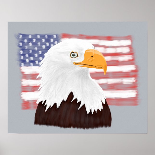 American Bald Eagle and Flag - transparent on grey Poster (Front)