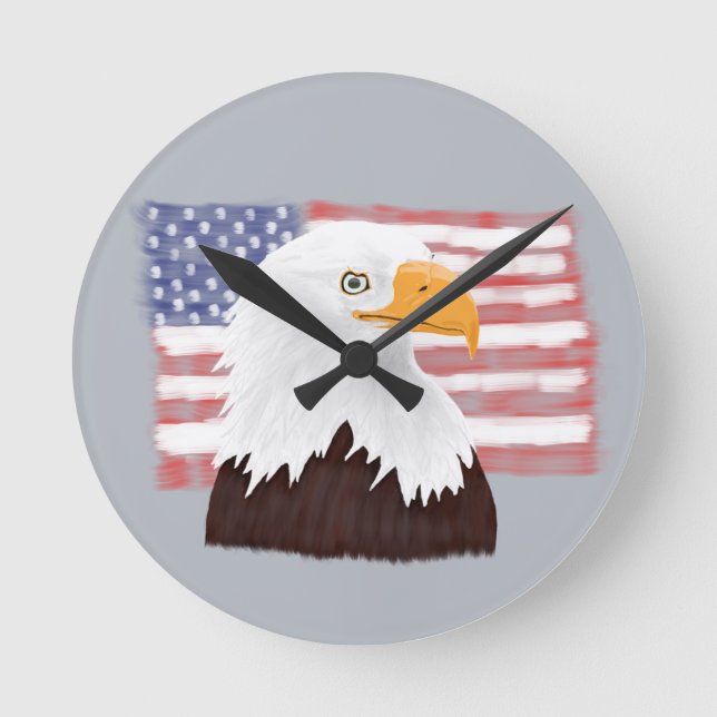 American Bald Eagle and Flag - transparent on grey Round Clock (Front)