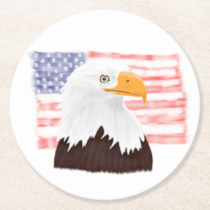 American Bald Eagle and Flag - transparent white. Round Paper Coaster