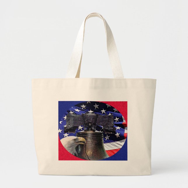 American Bald Eagle, Bell and Flag Large Tote Bag (Front)