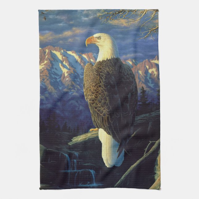 American Bald Eagle Mountain Sunrise Tea Towel (Vertical)