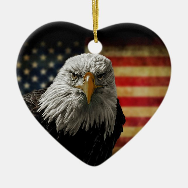 American Bald Eagle on Grunge Flag Ceramic Tree Decoration (Front)