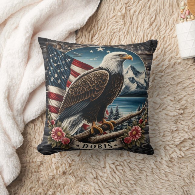 American Bald Eagle Perched by Mountain Lake Cushion (Blanket)
