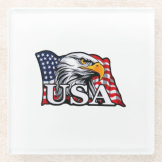 American Bald Eagle with USA Flag – Patriotic USA  Glass Coaster