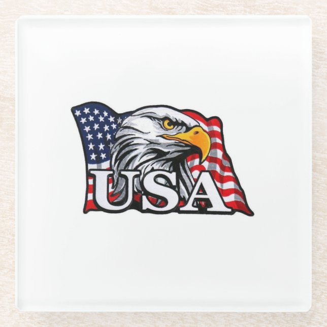 American Bald Eagle with USA Flag – Patriotic USA  Glass Coaster (Front)