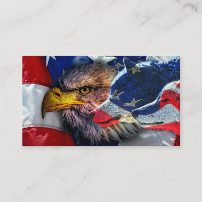 American Bald Eagle Wolf Flag Patriotic Business Card (Front)