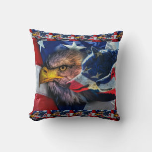 American Bald Eagle Wolf Flag Patriotic Cushion