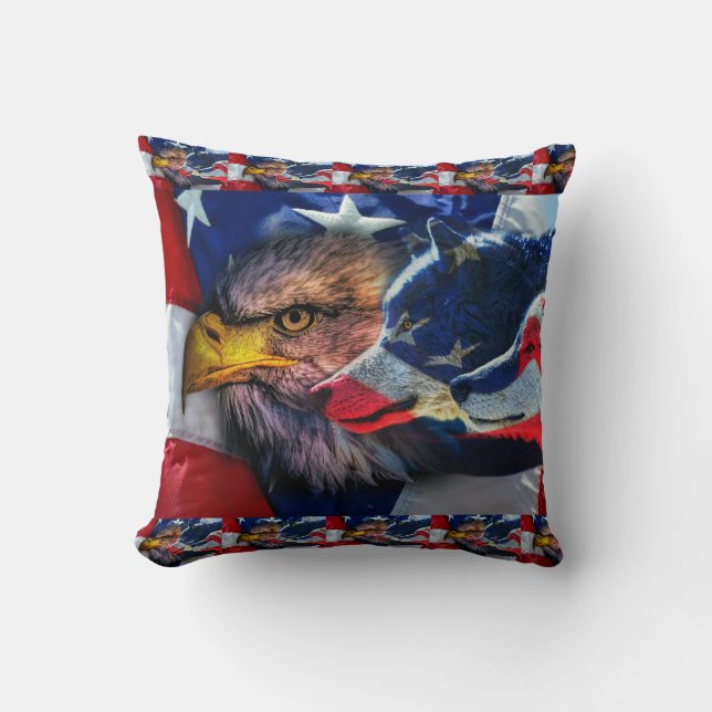 American Bald Eagle Wolf Flag Patriotic Cushion (Front)