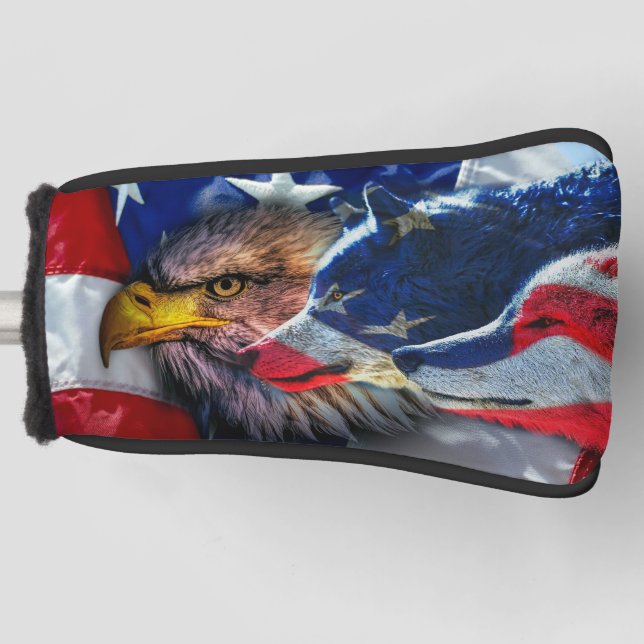 American Bald Eagle Wolf Flag Patriotic Golf Head Cover (Front)
