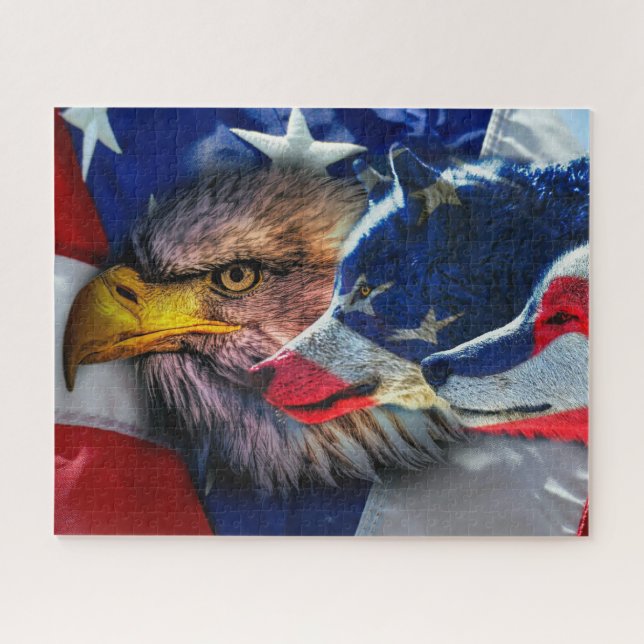 American Bald Eagle Wolf Flag Patriotic Jigsaw Puzzle (Horizontal)