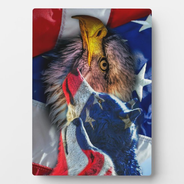 American Bald Eagle Wolf Flag Patriotic Plaque (Front)