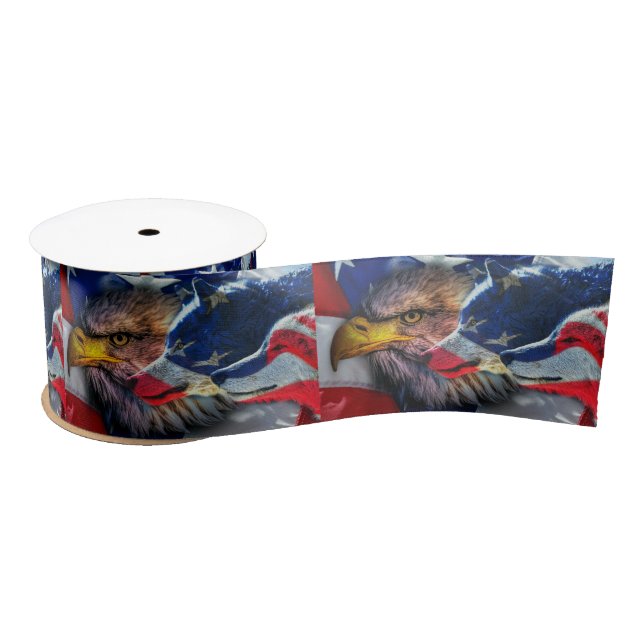 American Bald Eagle Wolf Flag Patriotic Satin Ribbon (Spool)