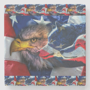 American Bald Eagle Wolf Flag Patriotic Stone Coaster