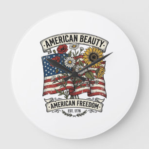 American Beauty Floral Flag Patriotic Large Clock