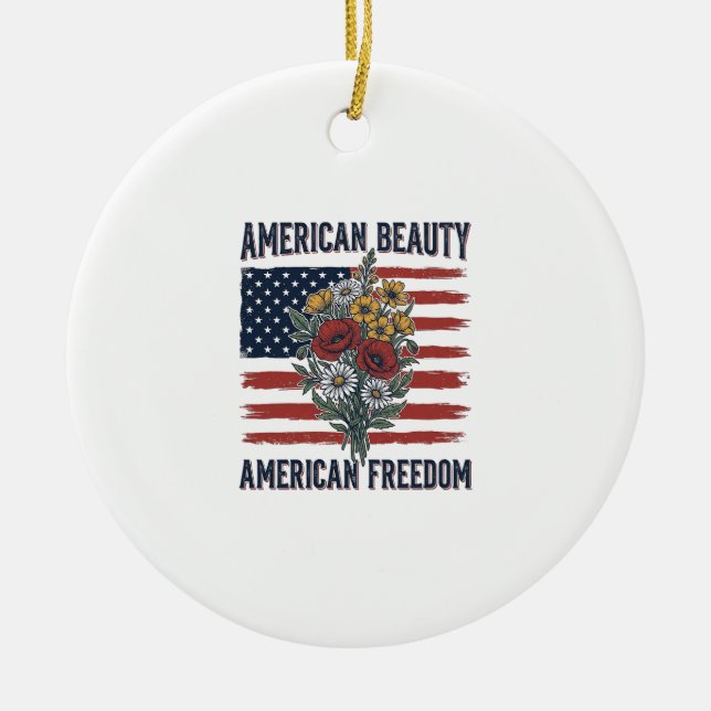 American Beauty Freedom Floral Flag Ceramic Tree Decoration (Front)