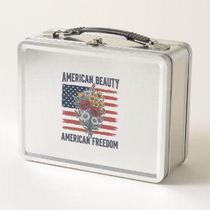 American Beauty Freedom Floral Flag Metal Lunch Box