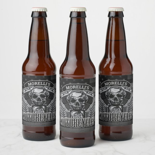American Biker ADD NAME Skull V-Twin Motorcycles Beer Bottle Label (Bottles)