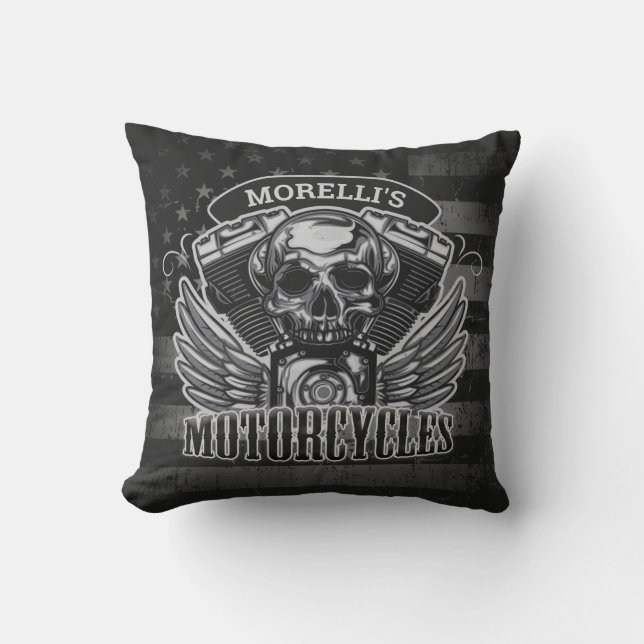 American Biker ADD NAME Skull V-Twin Motorcycles Cushion (Front)