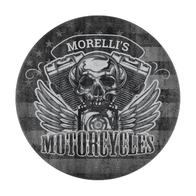 American Biker ADD NAME Skull V-Twin Motorcycles Cutting Board (Front)