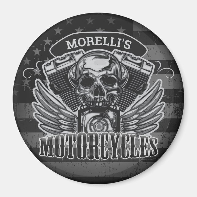 American Biker ADD NAME Skull V-Twin Motorcycles Magnet (Front)